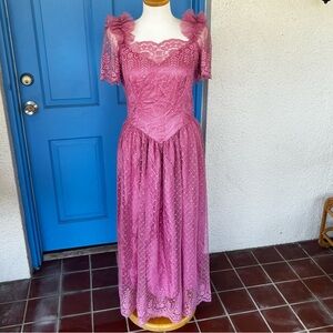 Vintage Pink Short Sleeve Lace Gown, Cottage Core Tea dress